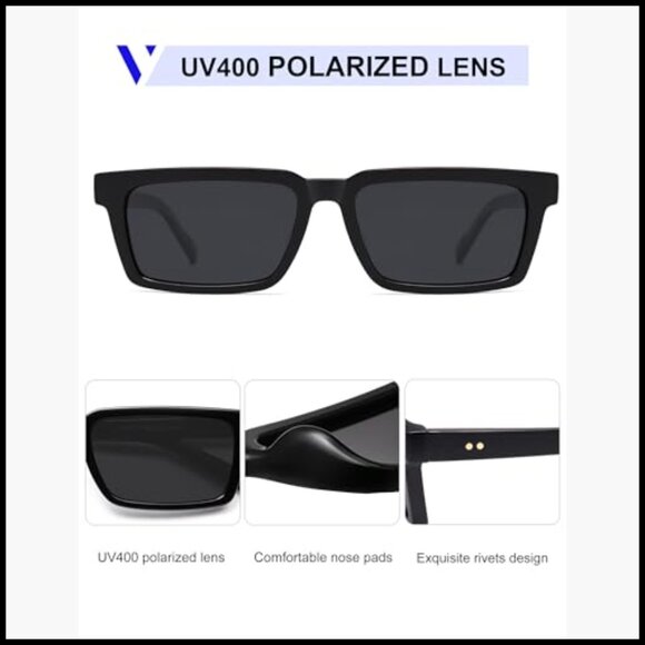 Retro Rectangular Polarized Sunglasses Plastic Frame Grey Lenses